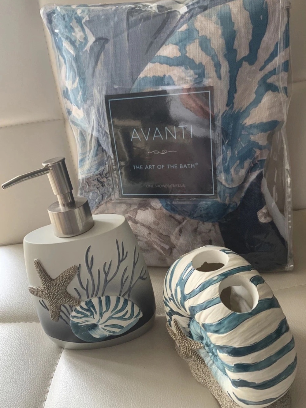 Avanti Blue and Cream Coastal Shower Curtain with Seashell Motif